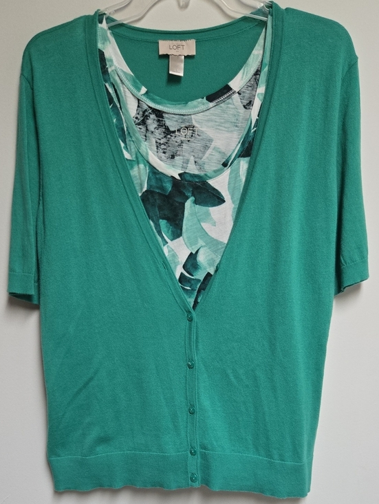 LOFT Tops - LOFT Teal Layered Floral-Inset Short Sleeve Top